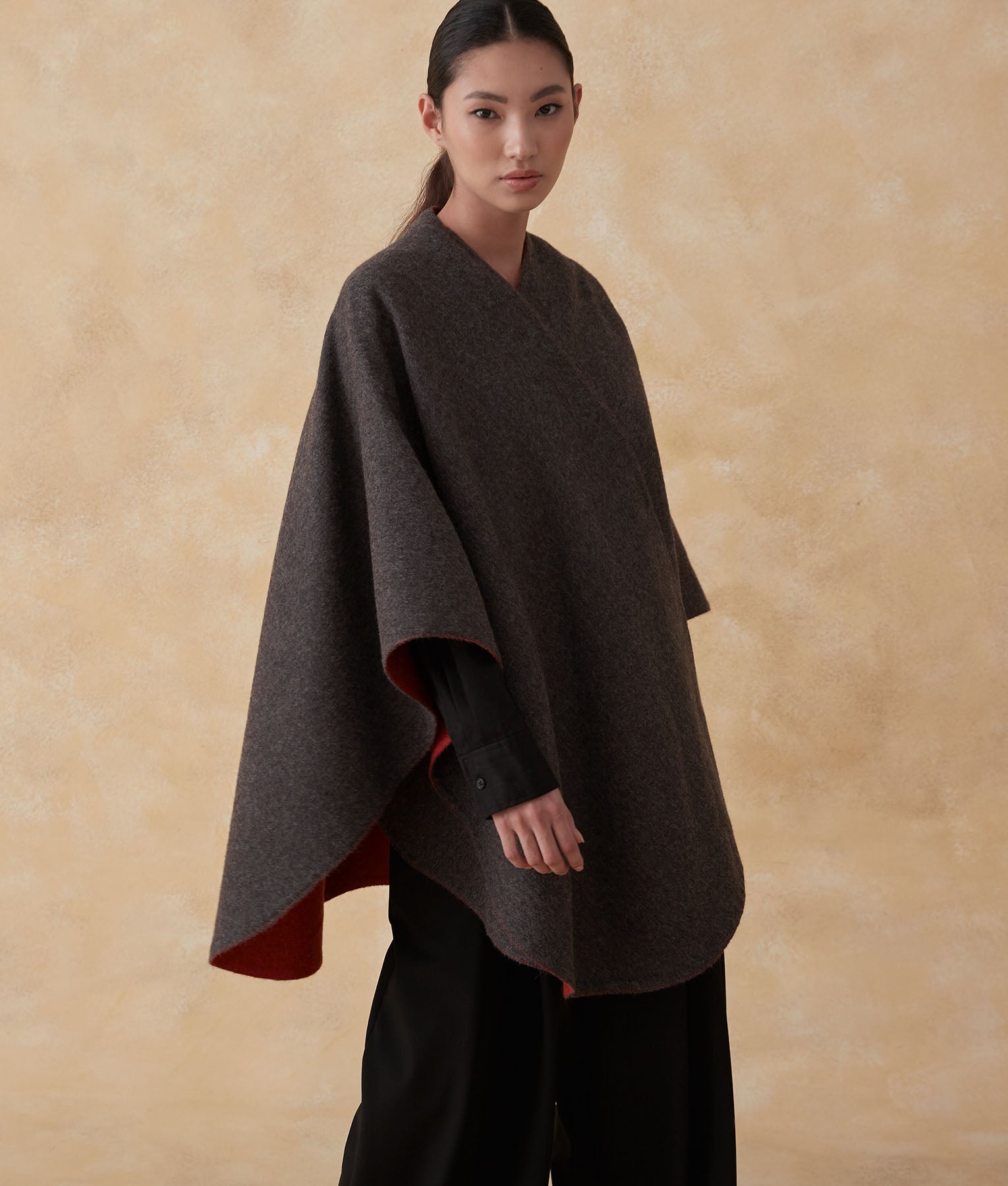 Ruana Baby Alpaca Doble Cara - Gris Escarcha Y Rojo Marte