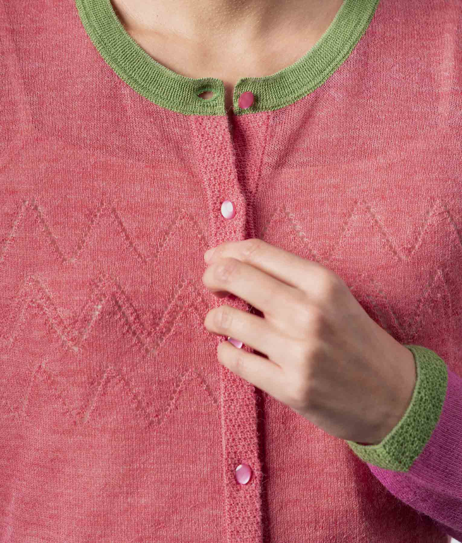 Cardigan Ritmo Con Detalles Calados - Rosado Sandía Y Verde Lima Suave