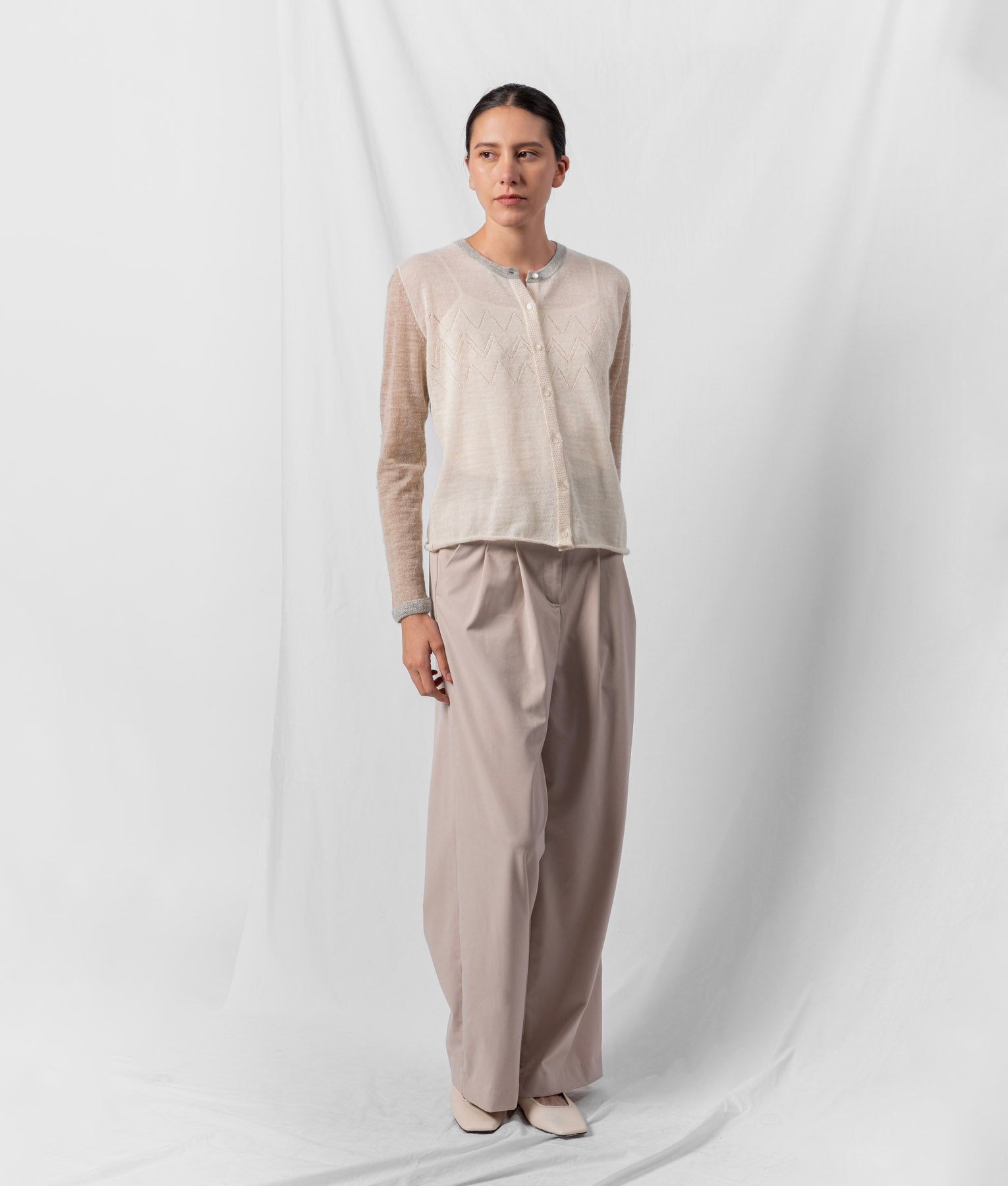 Cardigan Ritmo Con Detalles Calados - Marfil Crudo Y Gris Claro Melange