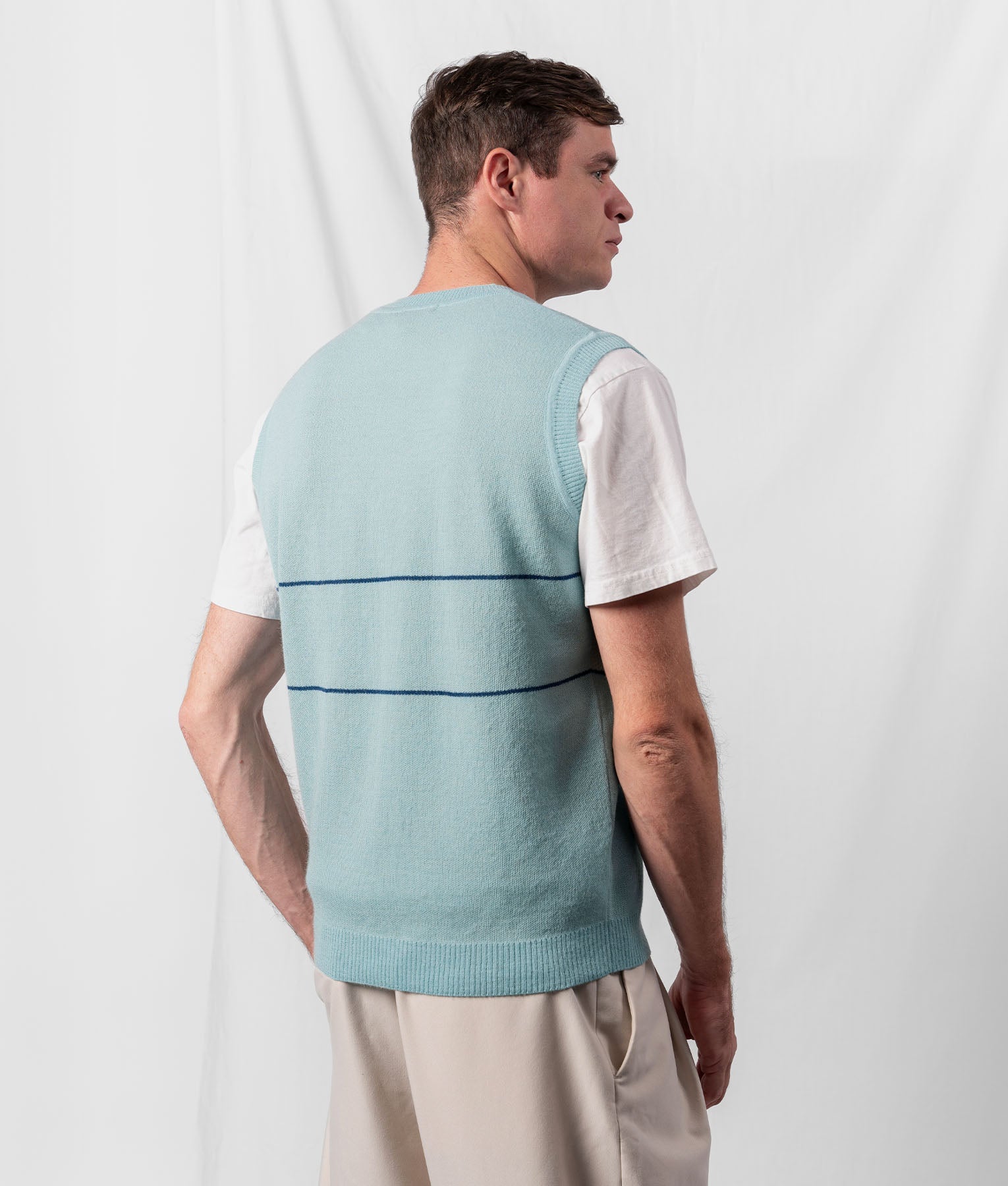 Chaleco Jacquard Relic Cuello En V - Azul Celeste Y Beige Claro