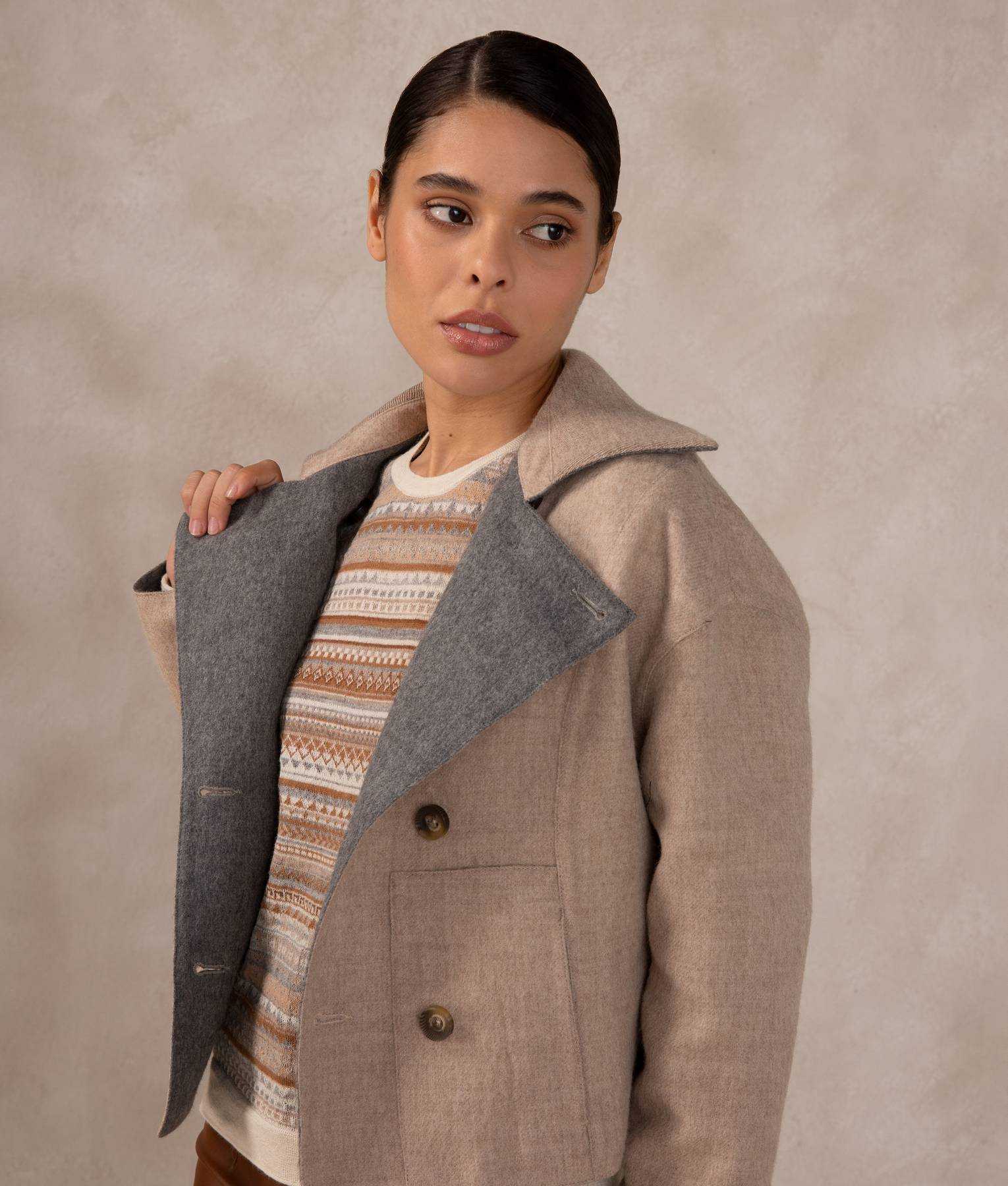 Casaca Corta Reversible - Beige Y Gris