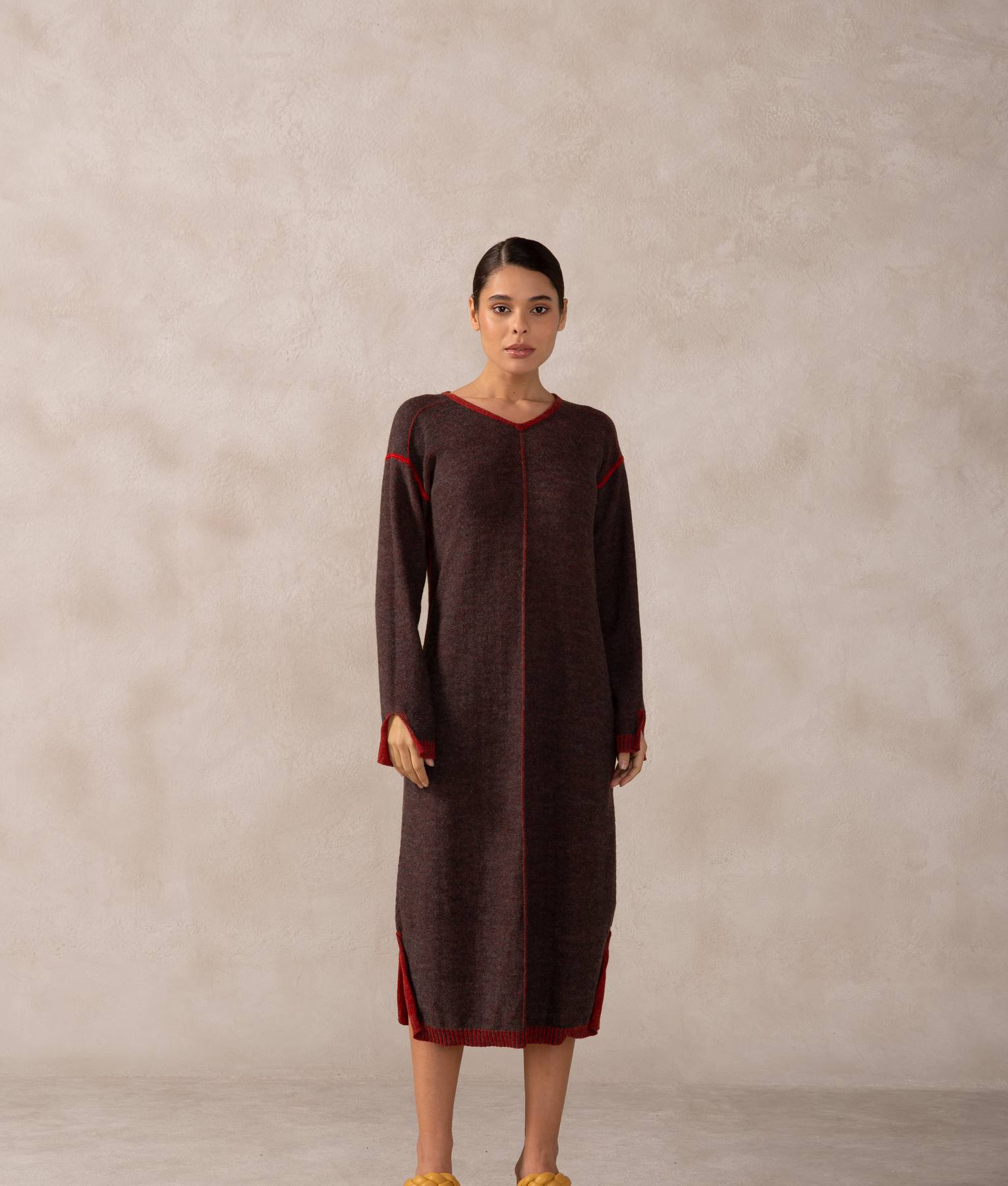 Vestido Largo Reversible - Rojo Pompeya Y Gris Tornado