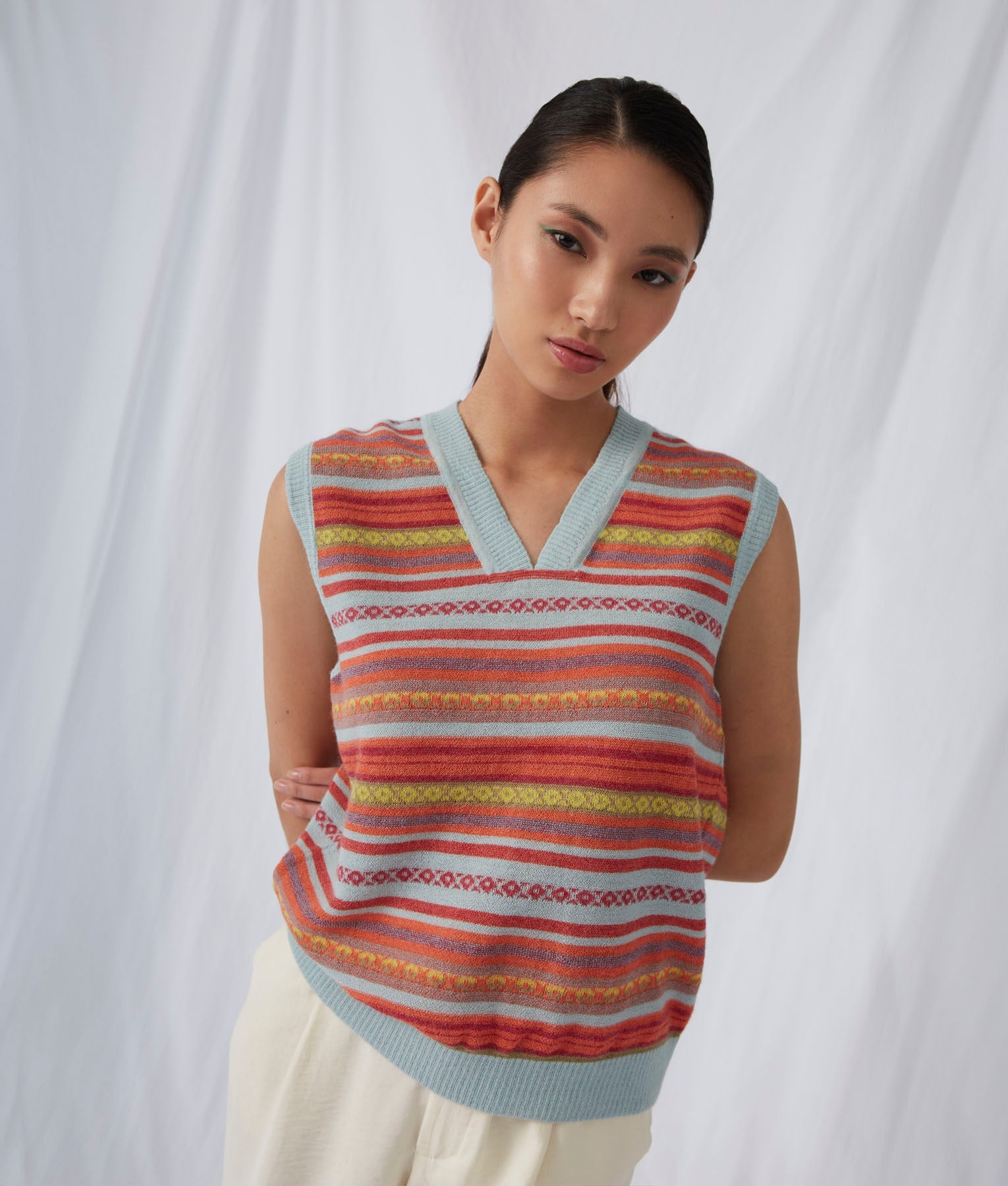 Chaleco Con Cuello En V De Rayas Jacquard - Resplandor Azul Y Naranja