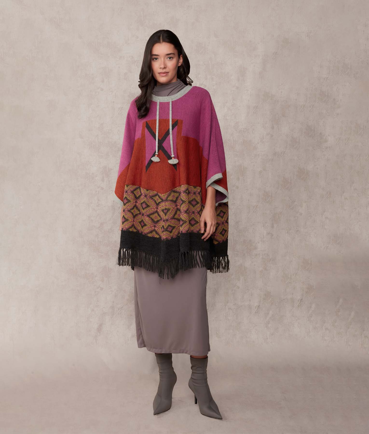 Poncho La Favorita Jacquard - Rosa Violeta Y Chile