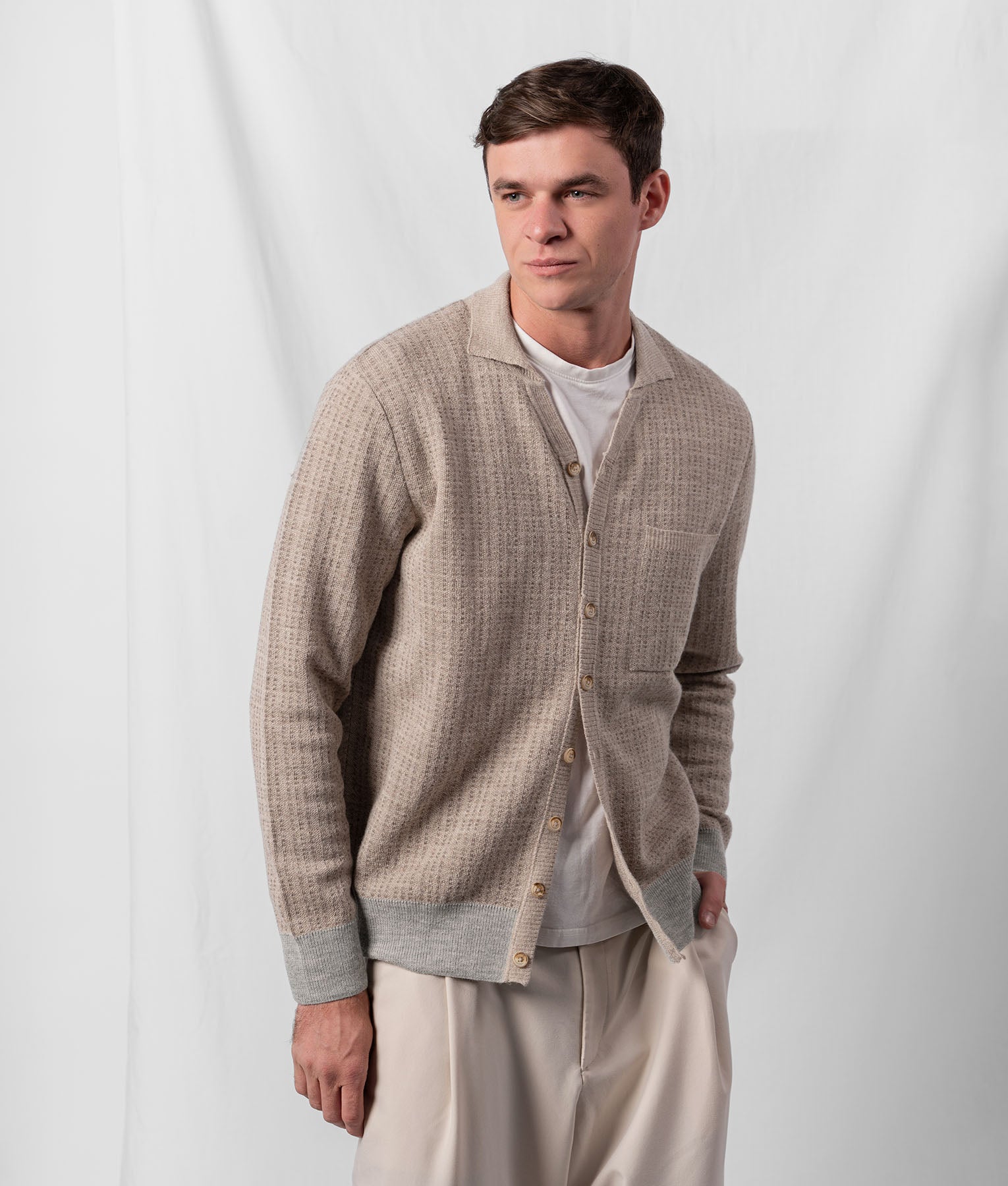 Cardigan De Jacquard Con Textura - Beige Avena Y Gris Claro Melange