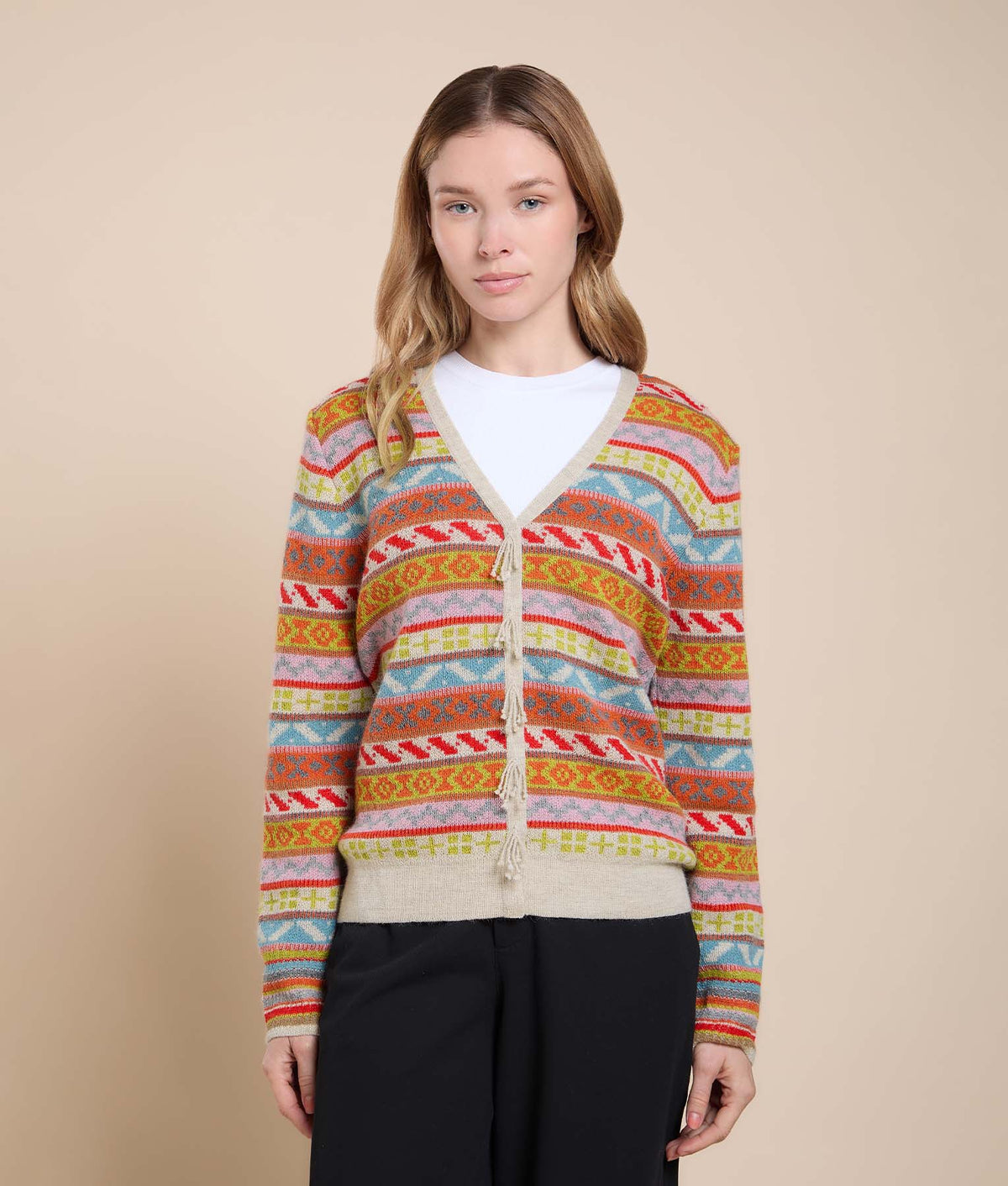 Cárdigan de Jacquard con Detalles de Flecos