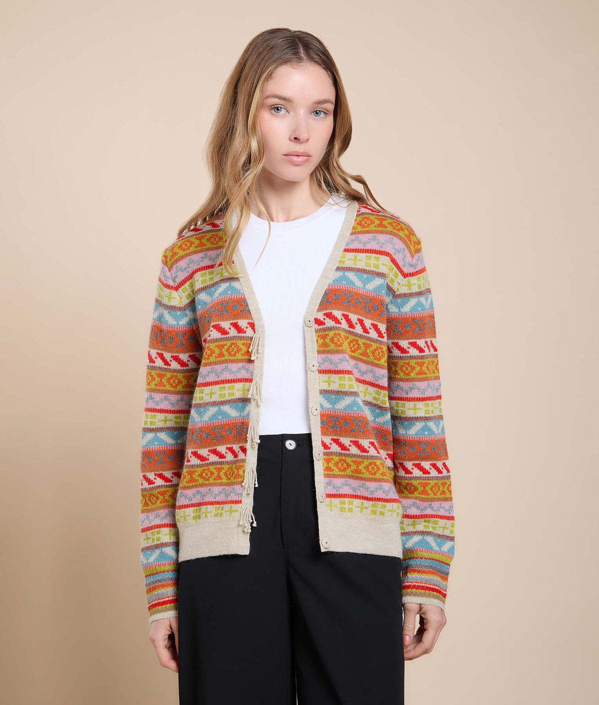 Cárdigan de Jacquard con Detalles de Flecos