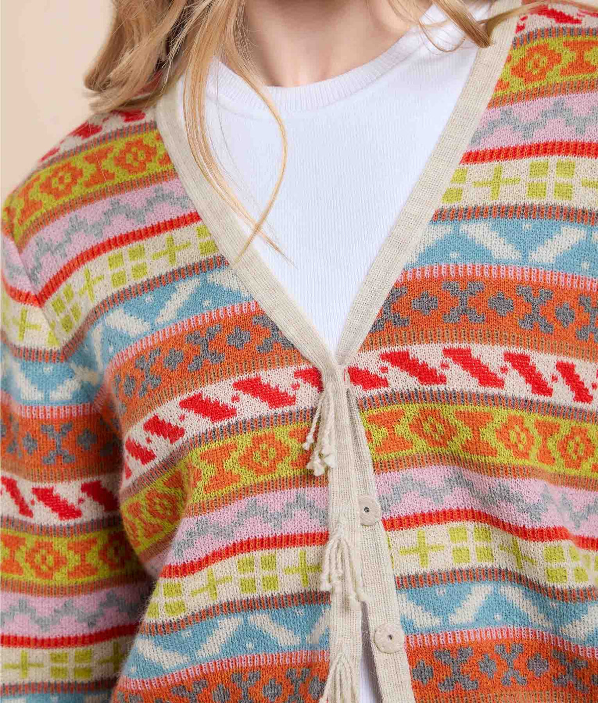 Cárdigan de Jacquard con Detalles de Flecos